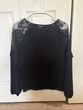 Express Black Pleated Blouse with Lace Shoulders
